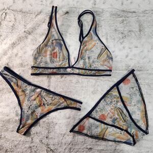 Victorias secret navy blue 70s inspired unlined mesh bra and panties set